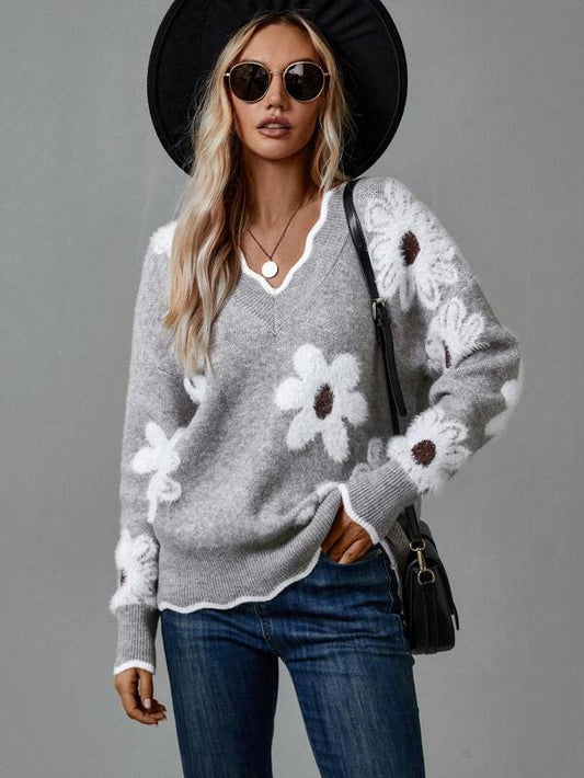 Wavy Hem V-Neck Sweater