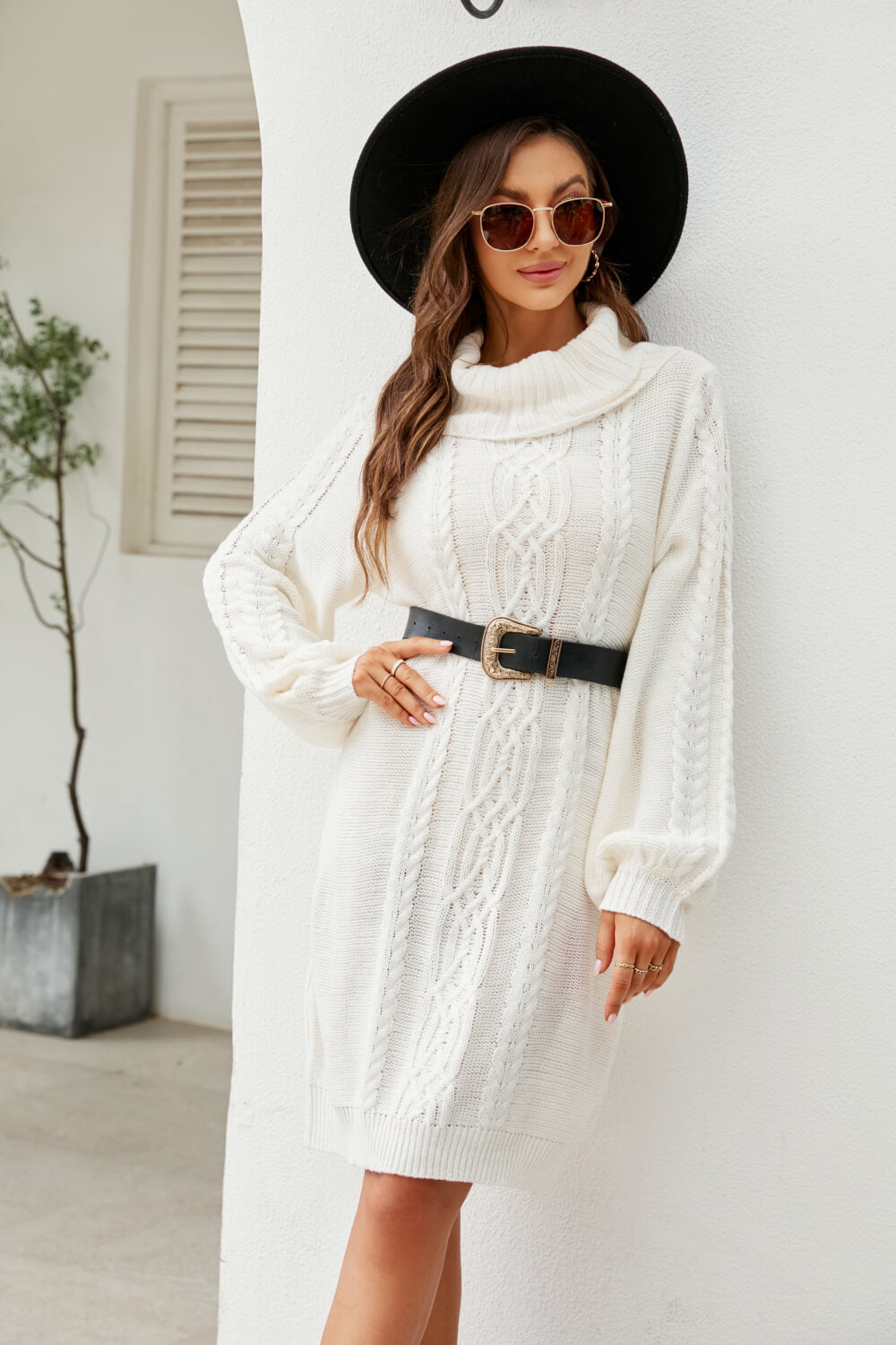 Women's Sweater Dress - Chunky Knit - Cable Pattern - Cowl Neck - Oversized Fit