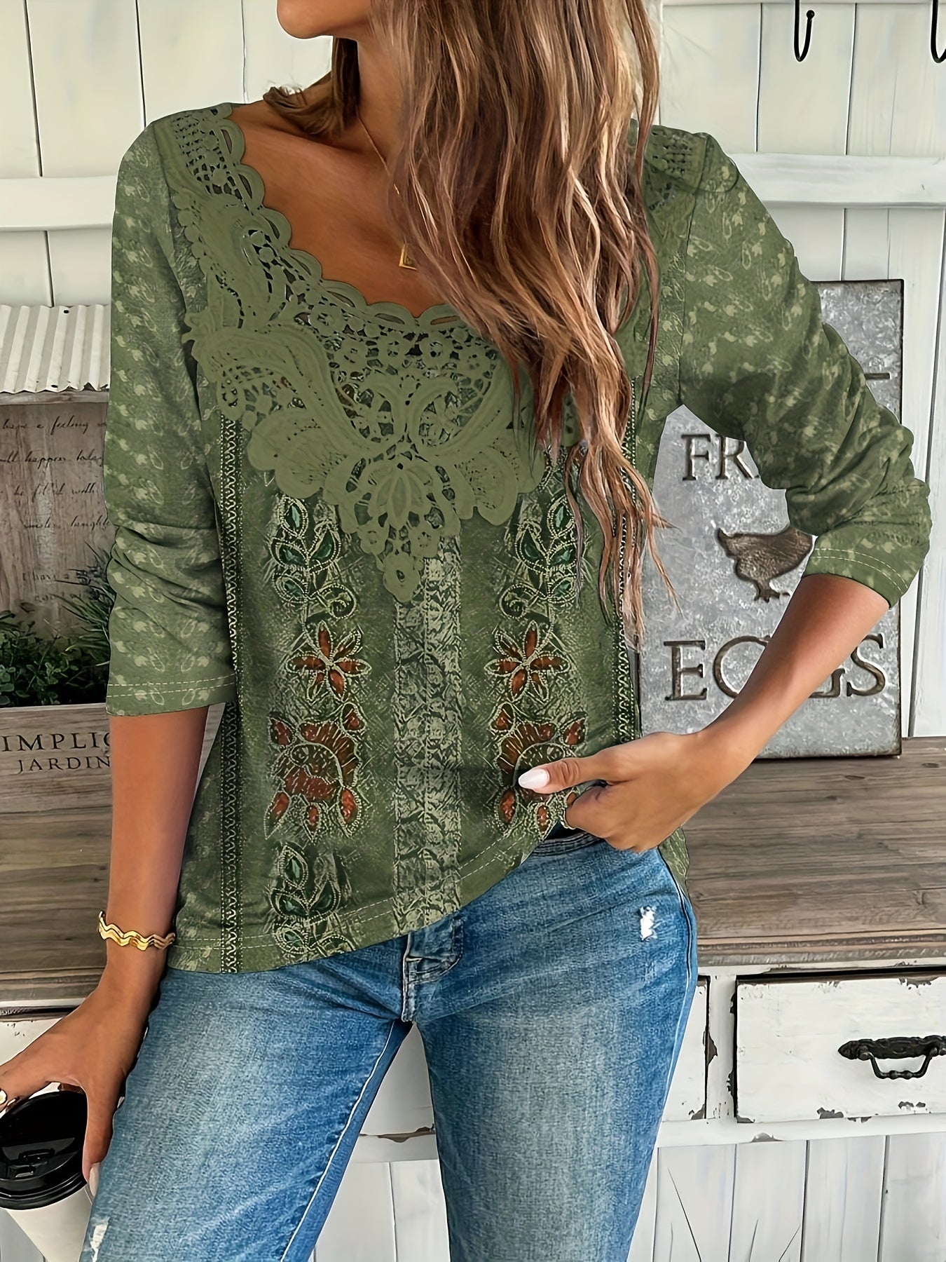 Embroidered Scalloped Lace Semi-Sheer Blouse