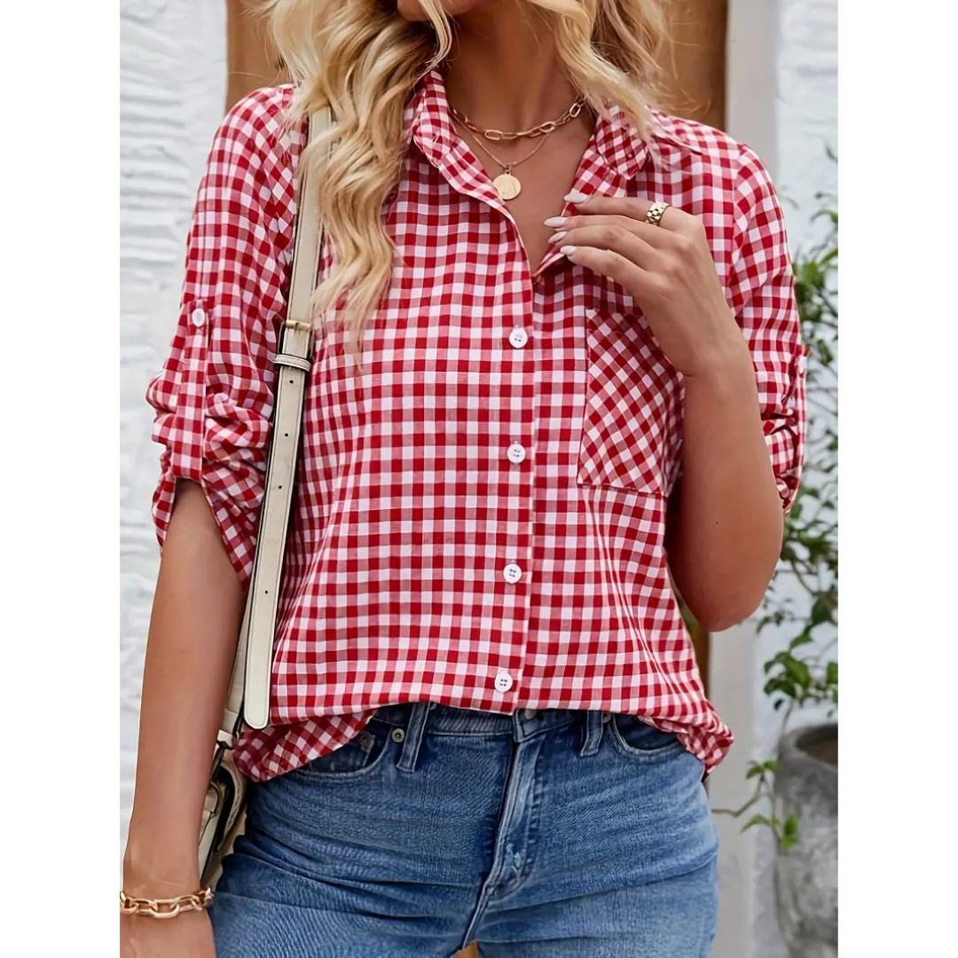 Women’s Casual Shirt - Relaxed Fit - Gingham Check - Breathable Natural Fibers