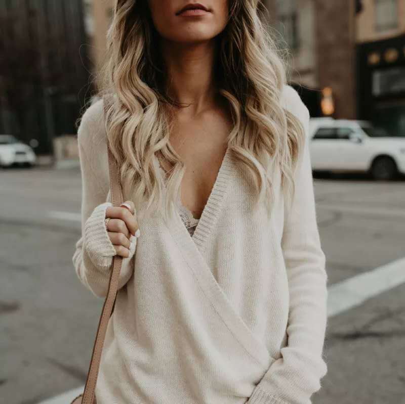 Women’s Wrap Sweater – Relaxed Fit – Knitted Texture – Deep V-Neck – Long Sleeve