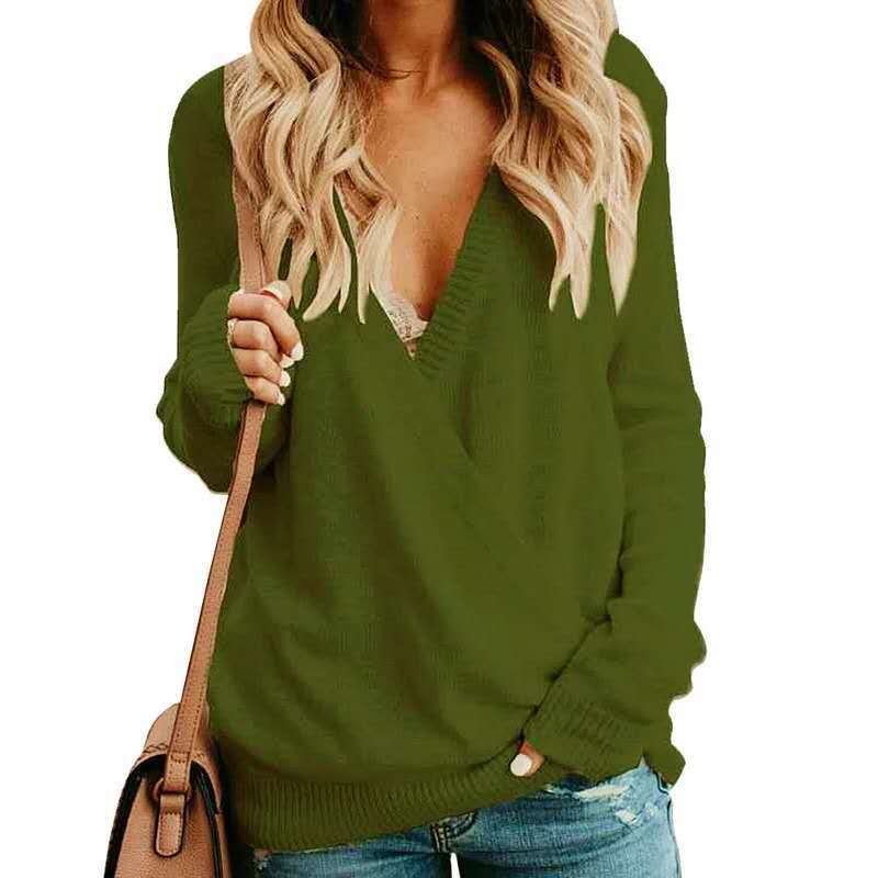 Women’s Wrap Sweater – Relaxed Fit – Knitted Texture – Deep V-Neck – Long Sleeve