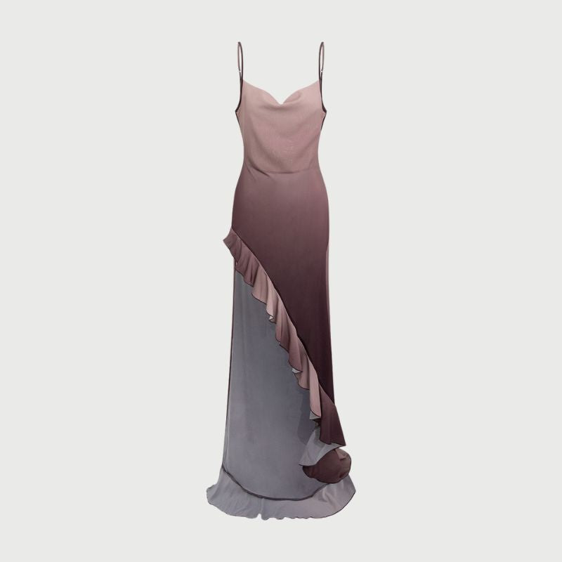 Women's Evening Gown - Satin Elegance - Sleeveless Fitted Design - Ruffle High Slit