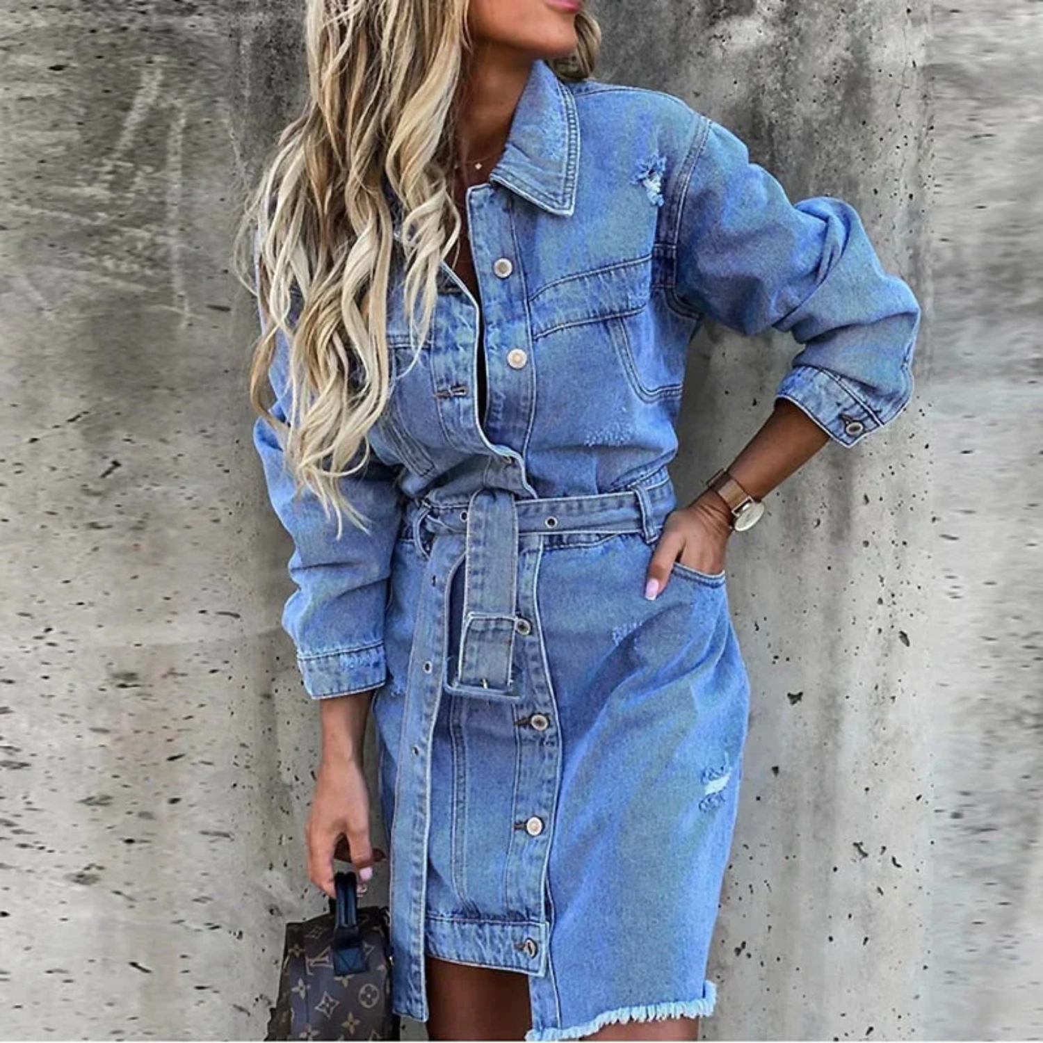 Belted Waist Frayed Hem Denim Dress
