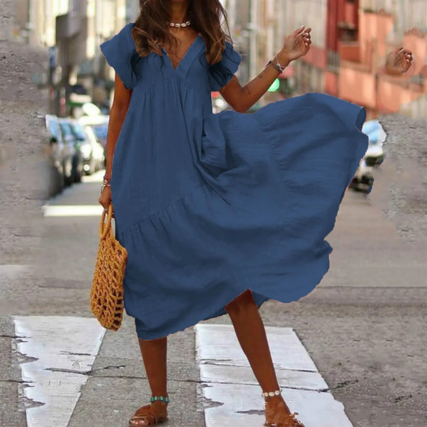 Women's Dress - Flowy Knee-Length - Deep V-Neck - Short Flutter Sleeves - Lightweight