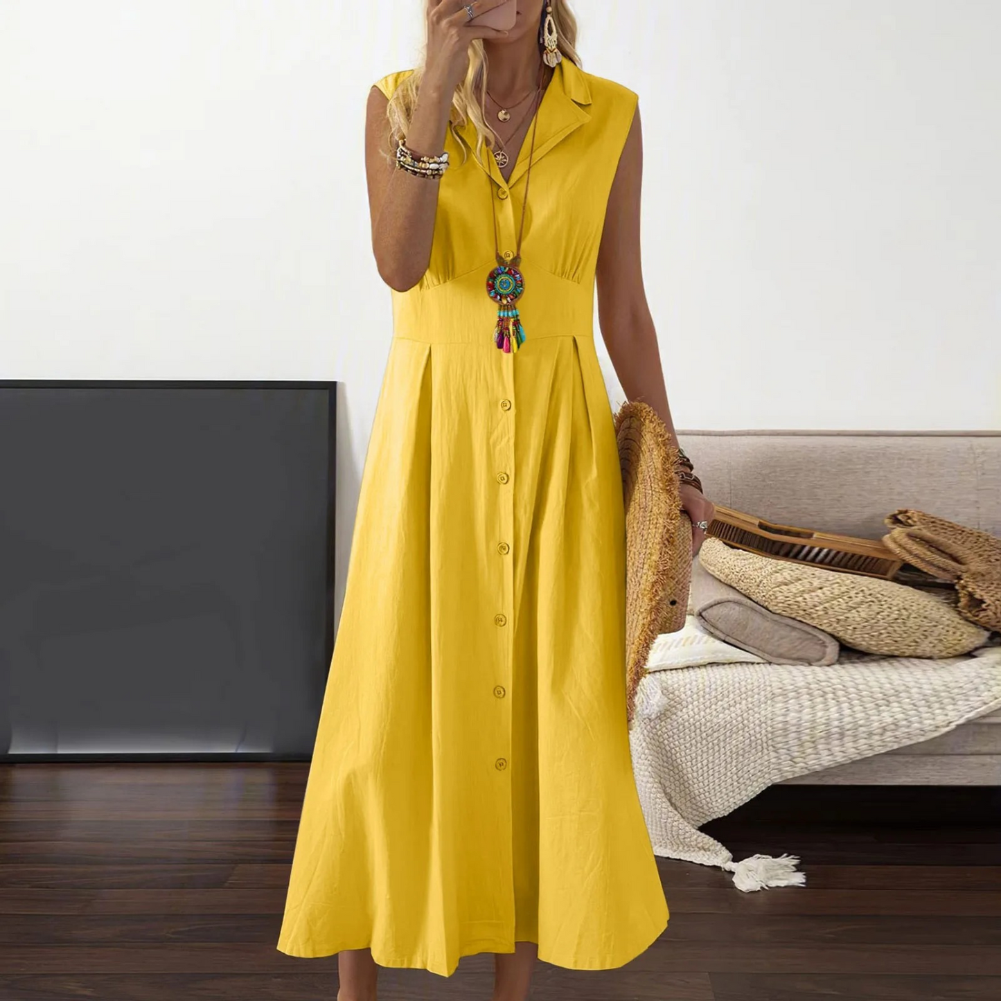 Women’s Button-Down Midi Dress - Collared V-Neck - Sleeveless A-Line Silhouette