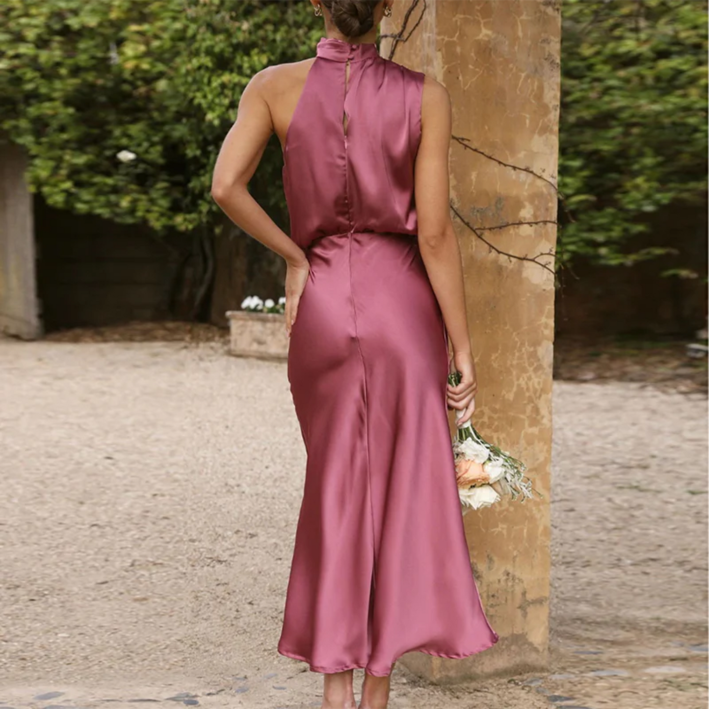 Women's Satin Gown - One Shoulder Draped Neckline - Fitted Waist - Elegant Formal Wear