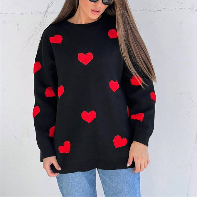 Women’s Knit Sweatshirt – Oversized Fit – Heart Pattern – Long Sleeve Casual Pullover