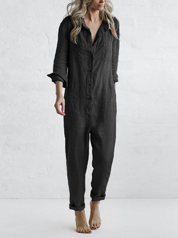 Women's Linen Jumpsuit - Button Down - Relaxed Fit - Long Sleeve - Breathable Fabric