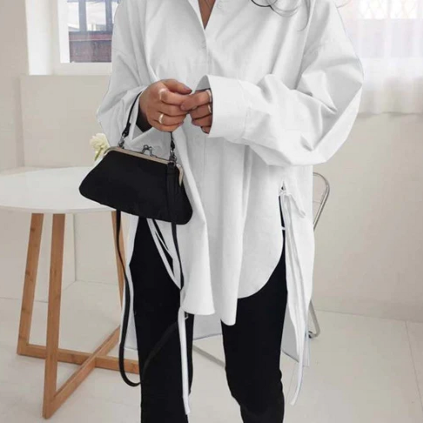 Women's Oversized Shirt - Cotton Blend - Button-Down - Long Sleeve - Asymmetrical Hem