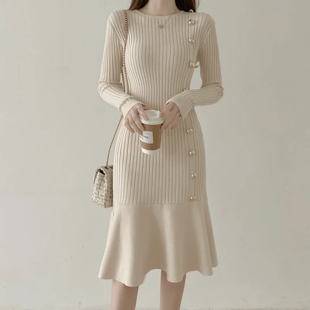 Women's Rib-Knit Mermaid Dress - Long Sleeve - Fitted Elegant Button Detail