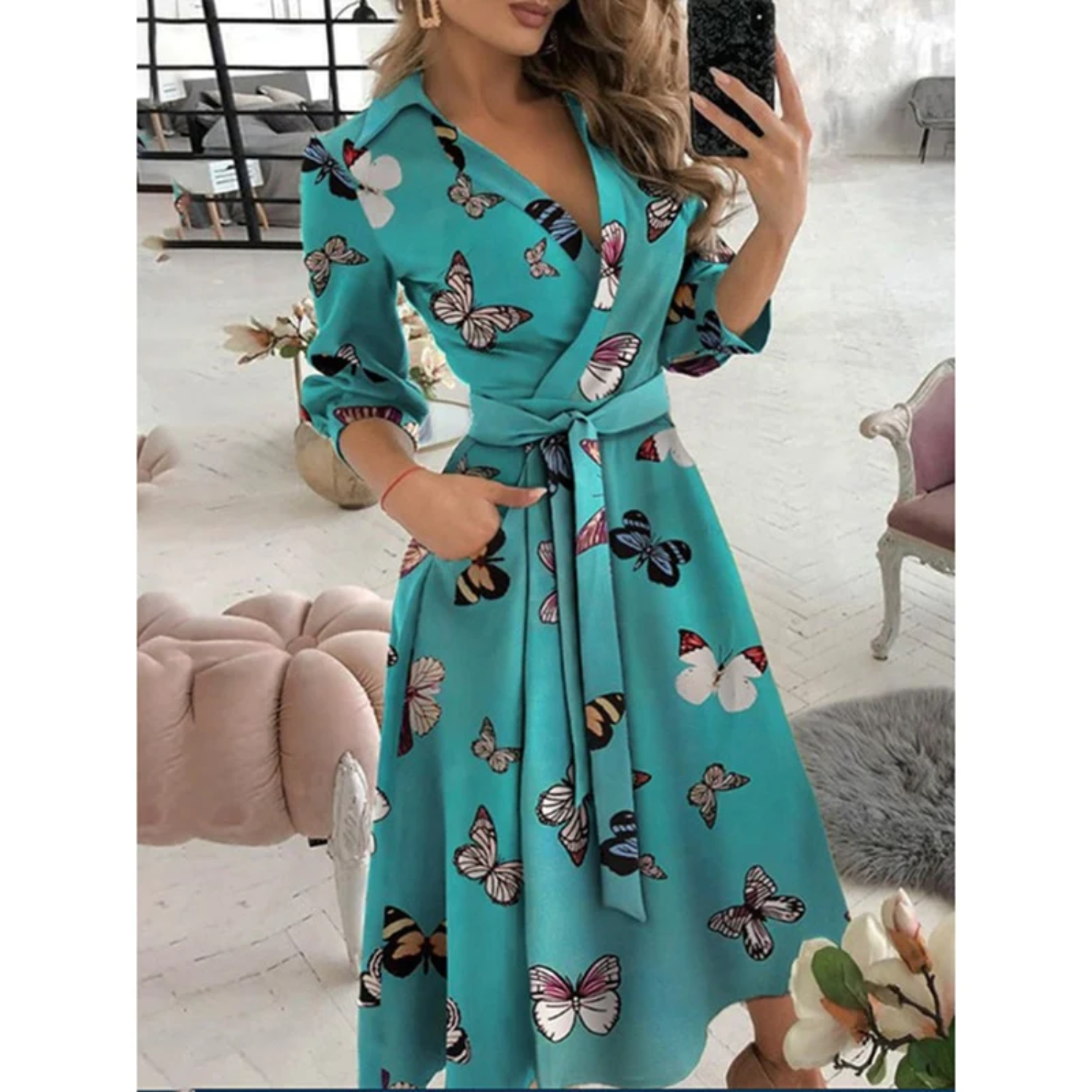 Geometric Print Elegant Fit Wrap Dress