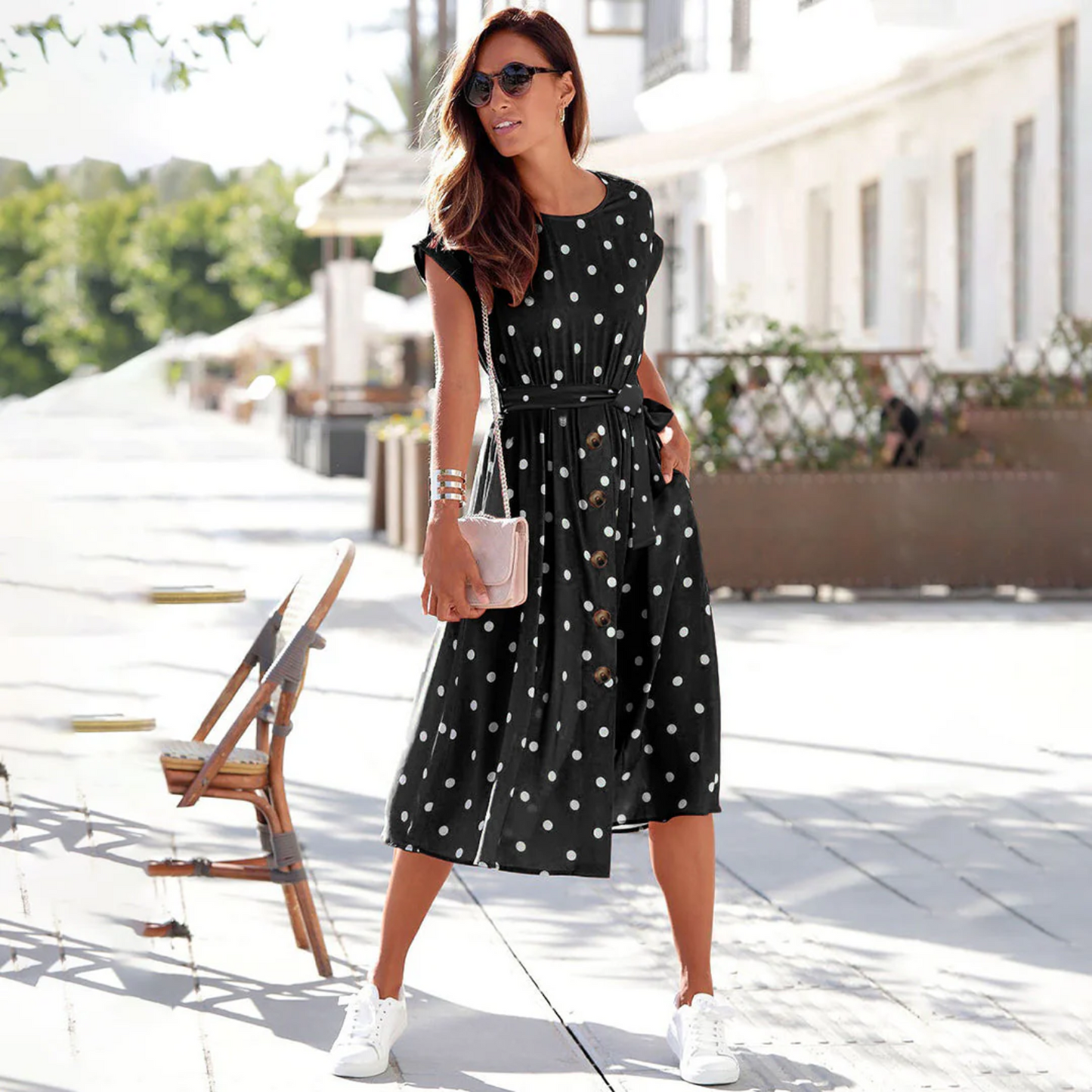 Women's Midi Dress - Polka Dot - Short Sleeve - Button Front with Waist Tie