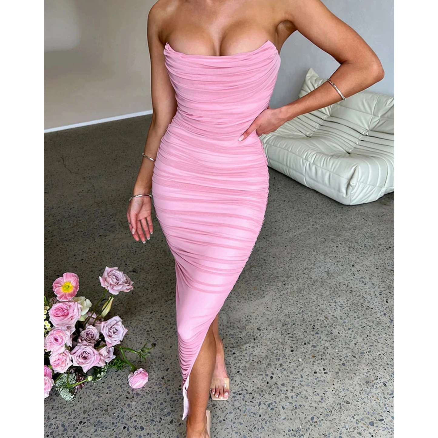 Women's Strapless Midi Dress - Bodycon Fit - Ruched Texture - Side Slit Elegant Wear