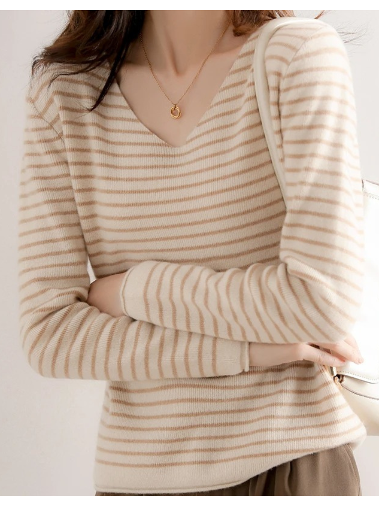 Women's V-Neck Sweater - Soft Knit - Fitted Long Sleeve - Striped Casual Wear