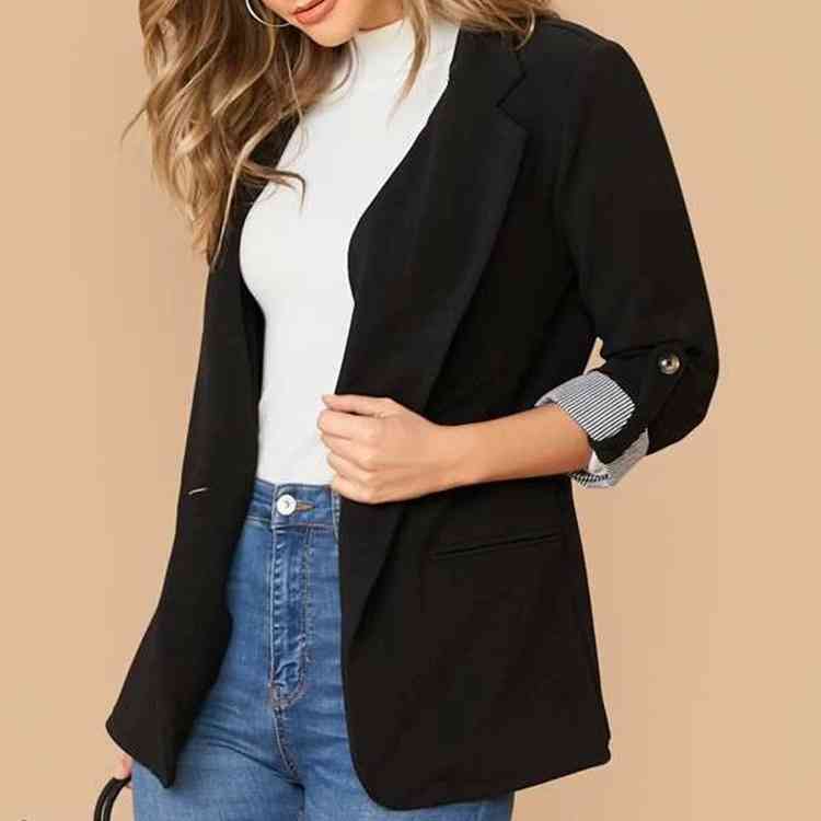 Women's Tailored Blazer - Notched Lapel - Three-Quarter Roll-Tab Sleeves - Open Front
