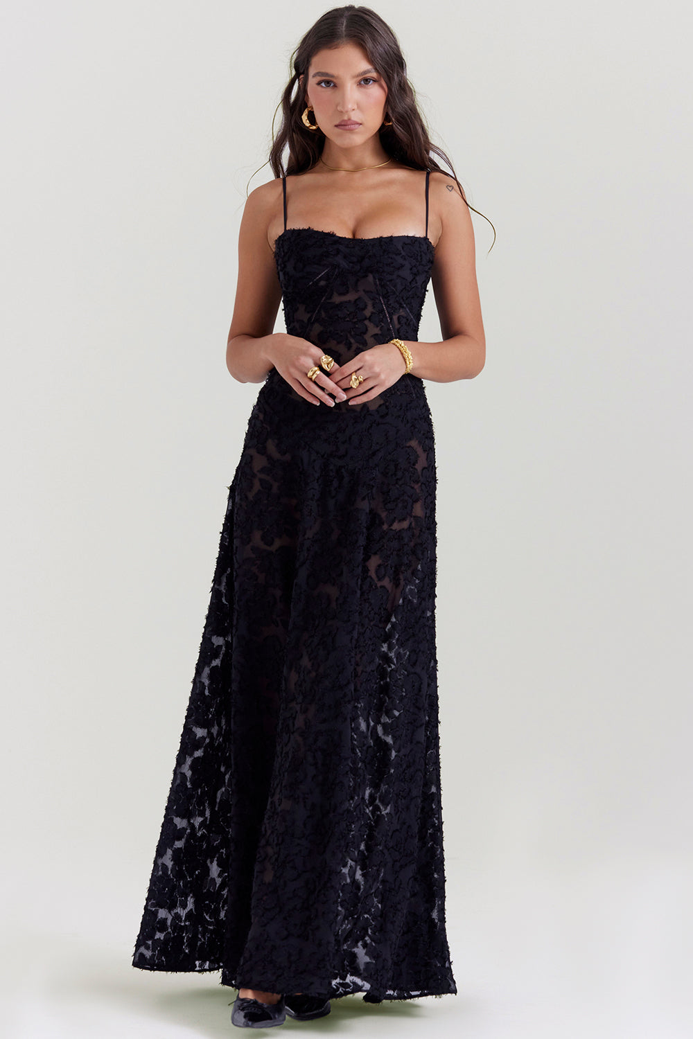 Women's Evening Gown - Floral Sheer Overlay - Spaghetti Straps - Sweetheart Neckline
