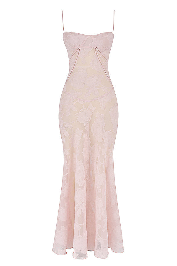 Women's Evening Gown - Floral Sheer Overlay - Spaghetti Straps - Sweetheart Neckline