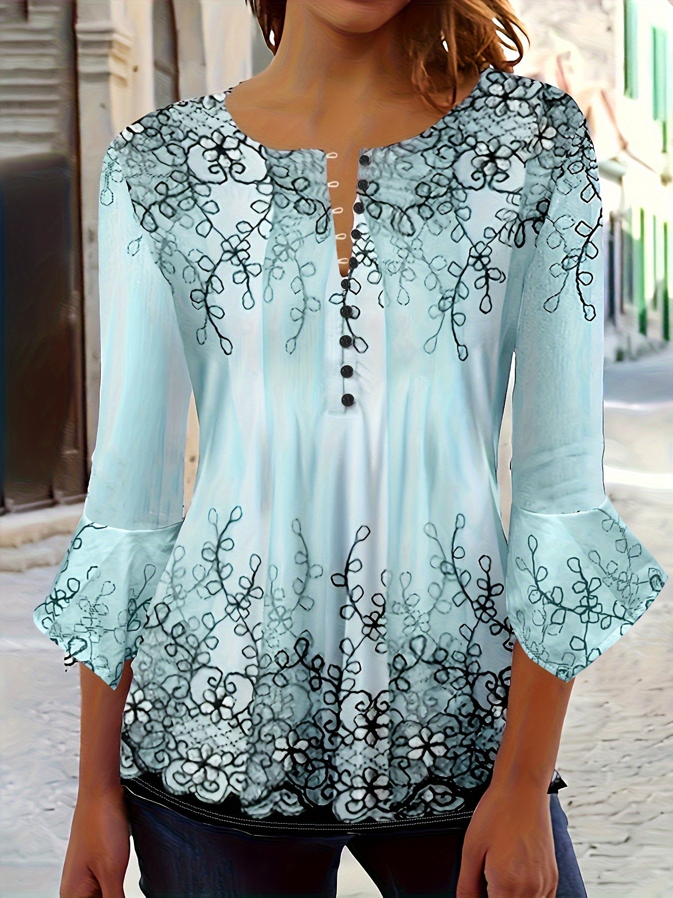 Women’s Blouse - Embroidered Lace Detail - Button-Up - Relaxed Fit - 3/4 Sleeve