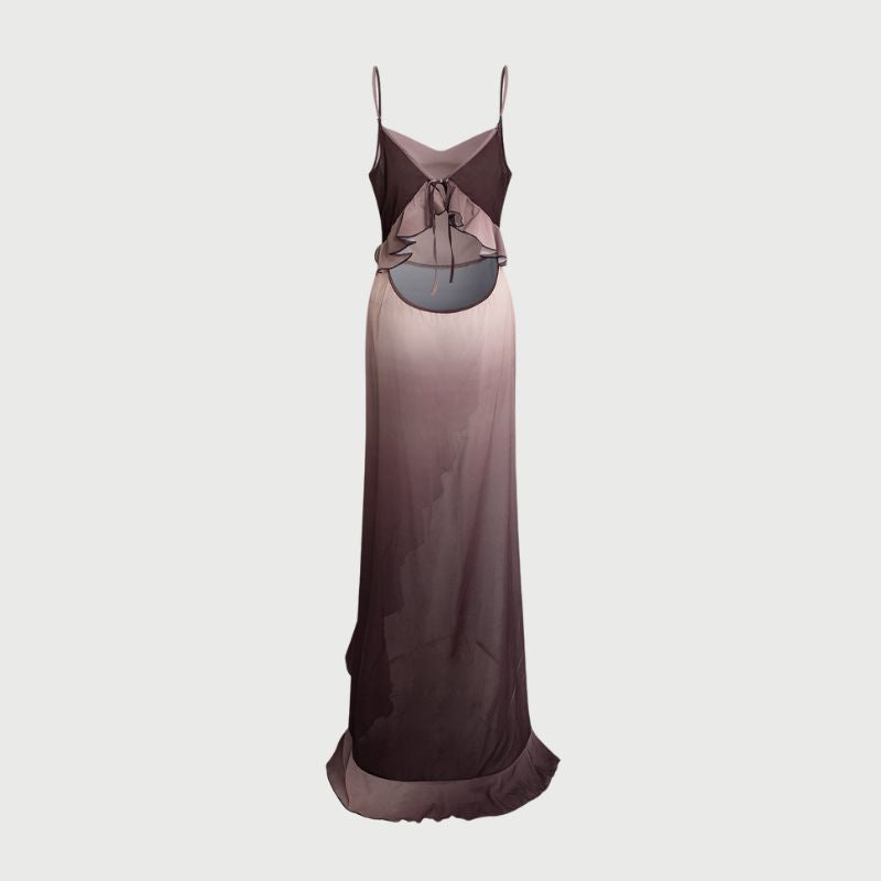 Women's Evening Gown - Satin Elegance - Sleeveless Fitted Design - Ruffle High Slit