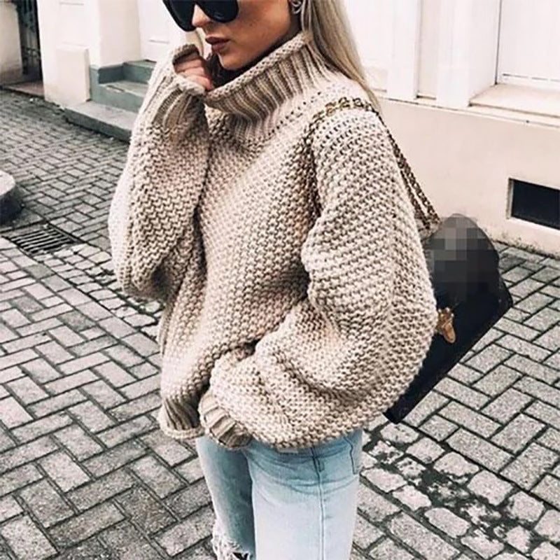 Women's Chunky Knit Sweater - Turtleneck - Oversized Fit - Textured Warm Pullover