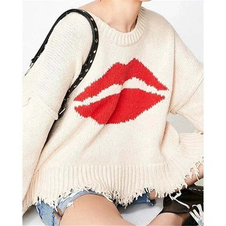 Women’s Sweater – Oversized Fit – Chunky Knit Wool – Bold Lip Motif – Fringed Hem