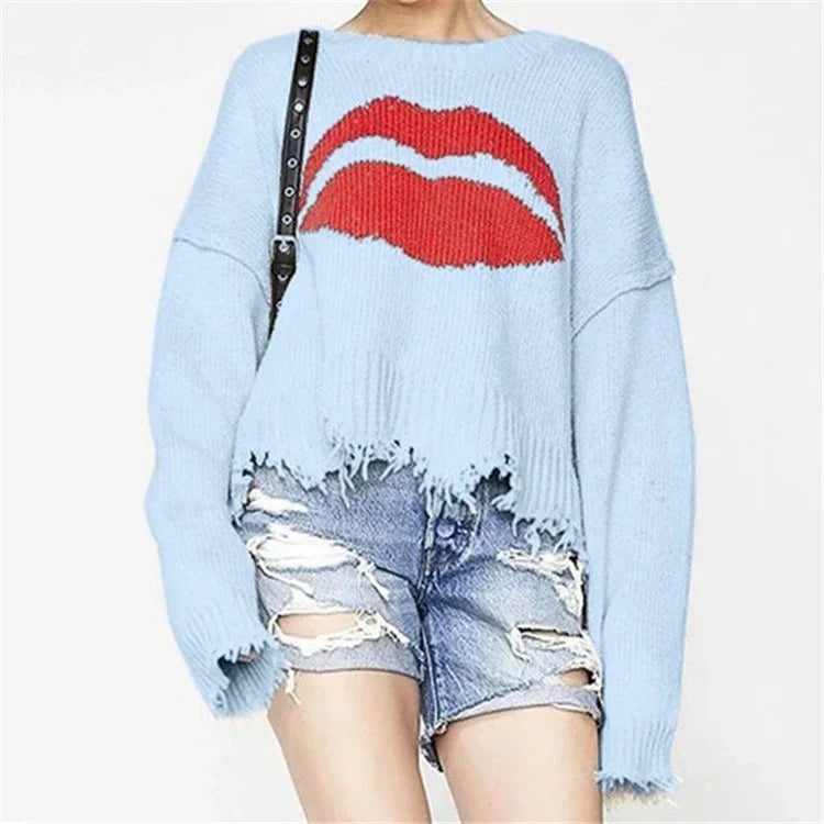 Women’s Sweater – Oversized Fit – Chunky Knit Wool – Bold Lip Motif – Fringed Hem