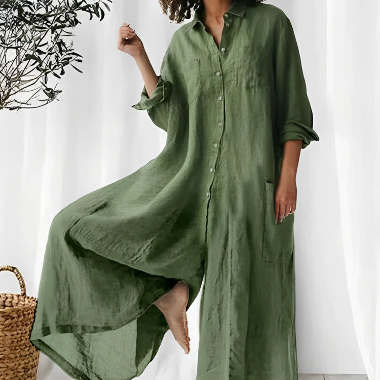 Women’s Jumpsuit – Oversized Fit – Breathable Blend – Full-Length – Button-Down – Pocketed