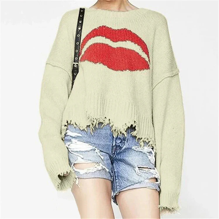 Women’s Sweater – Oversized Fit – Chunky Knit Wool – Bold Lip Motif – Fringed Hem