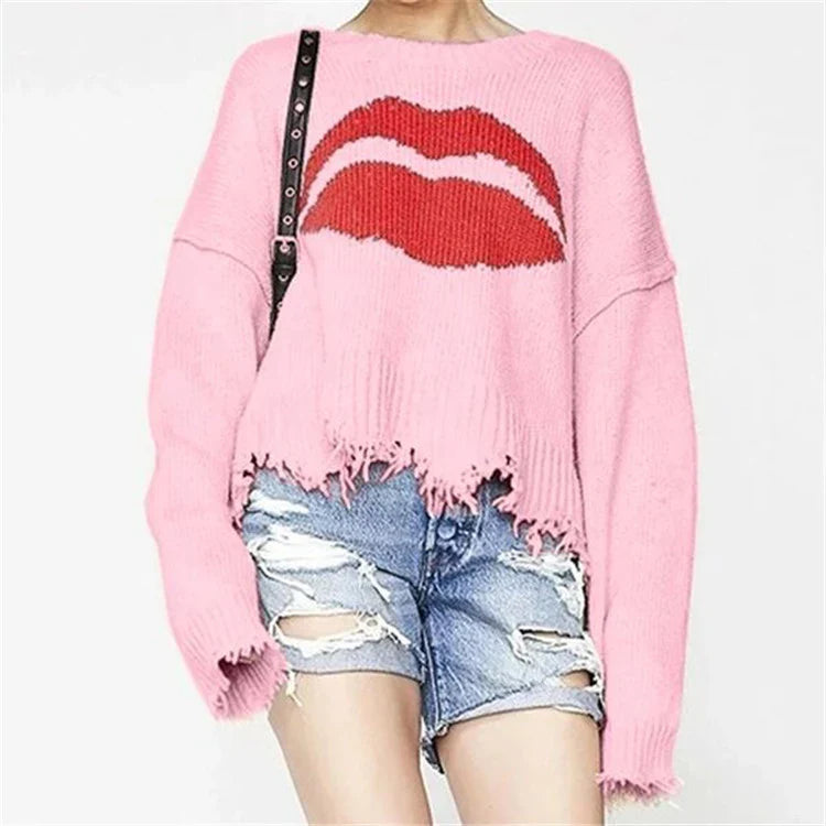 Women’s Sweater – Oversized Fit – Chunky Knit Wool – Bold Lip Motif – Fringed Hem