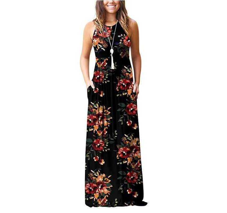 Women's Maxi Dress - Sleeveless Flowing Fit - Round Neck Floral Pattern