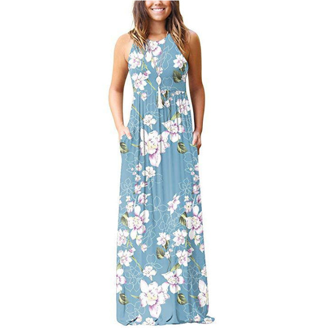 Women's Maxi Dress - Sleeveless Flowing Fit - Round Neck Floral Pattern