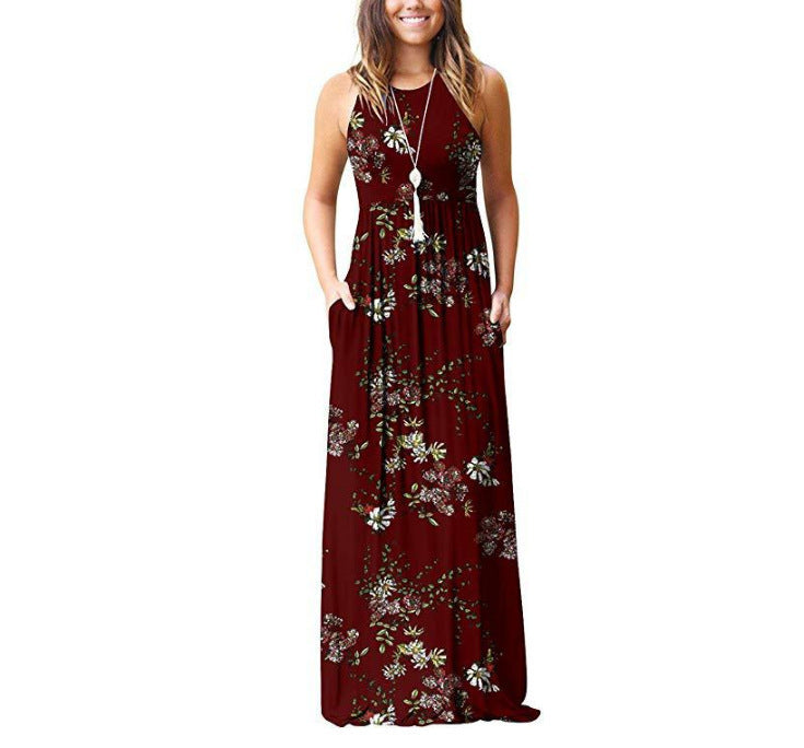 Women's Maxi Dress - Sleeveless Flowing Fit - Round Neck Floral Pattern