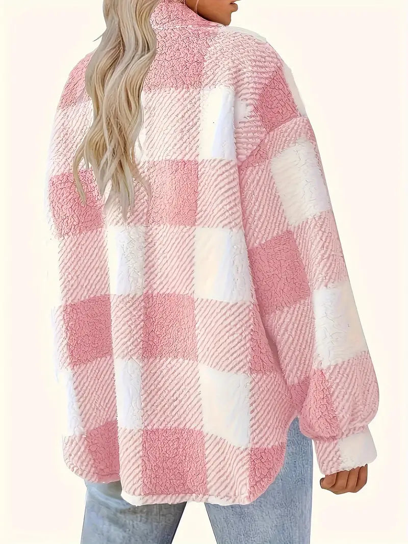 Women’s warm plaid lapel button plush jacket