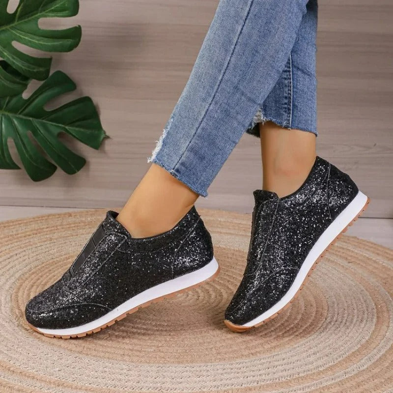 Women's Slip-On Sneakers - Glitter Finish - Round Toe - Casual Comfort Rubber Sole