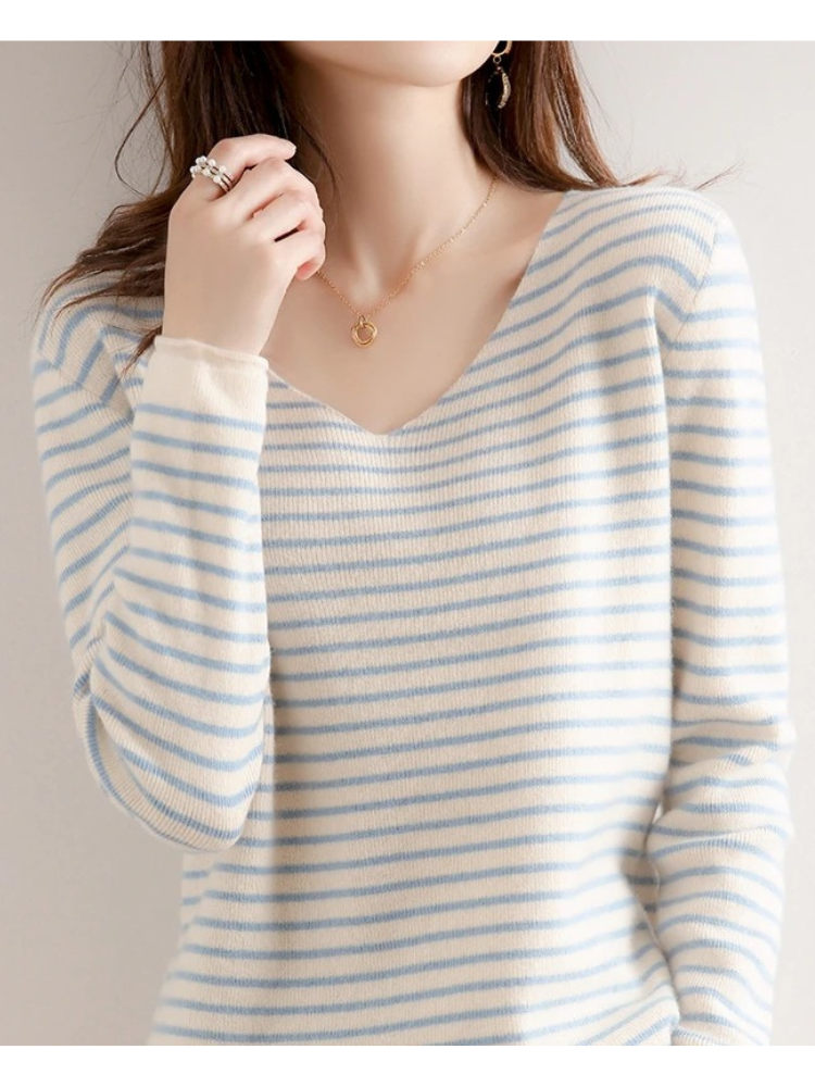 Women's V-Neck Sweater - Soft Knit - Fitted Long Sleeve - Striped Casual Wear