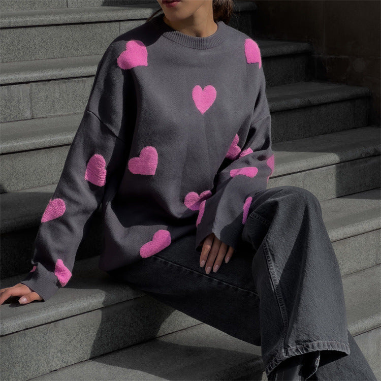 Women’s Knit Sweatshirt – Oversized Fit – Heart Pattern – Long Sleeve Casual Pullover