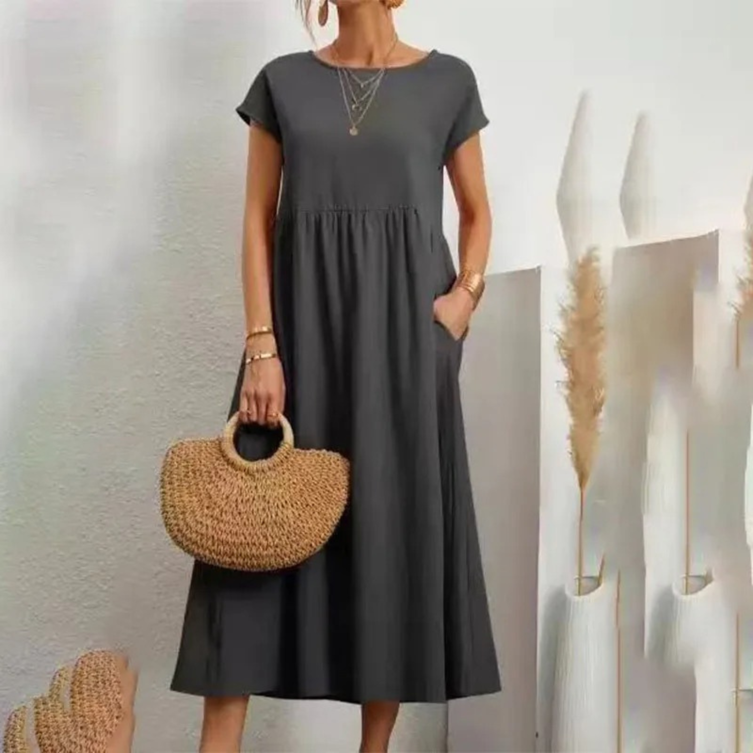 Relaxed Linen Empire Waist Maxi Dress