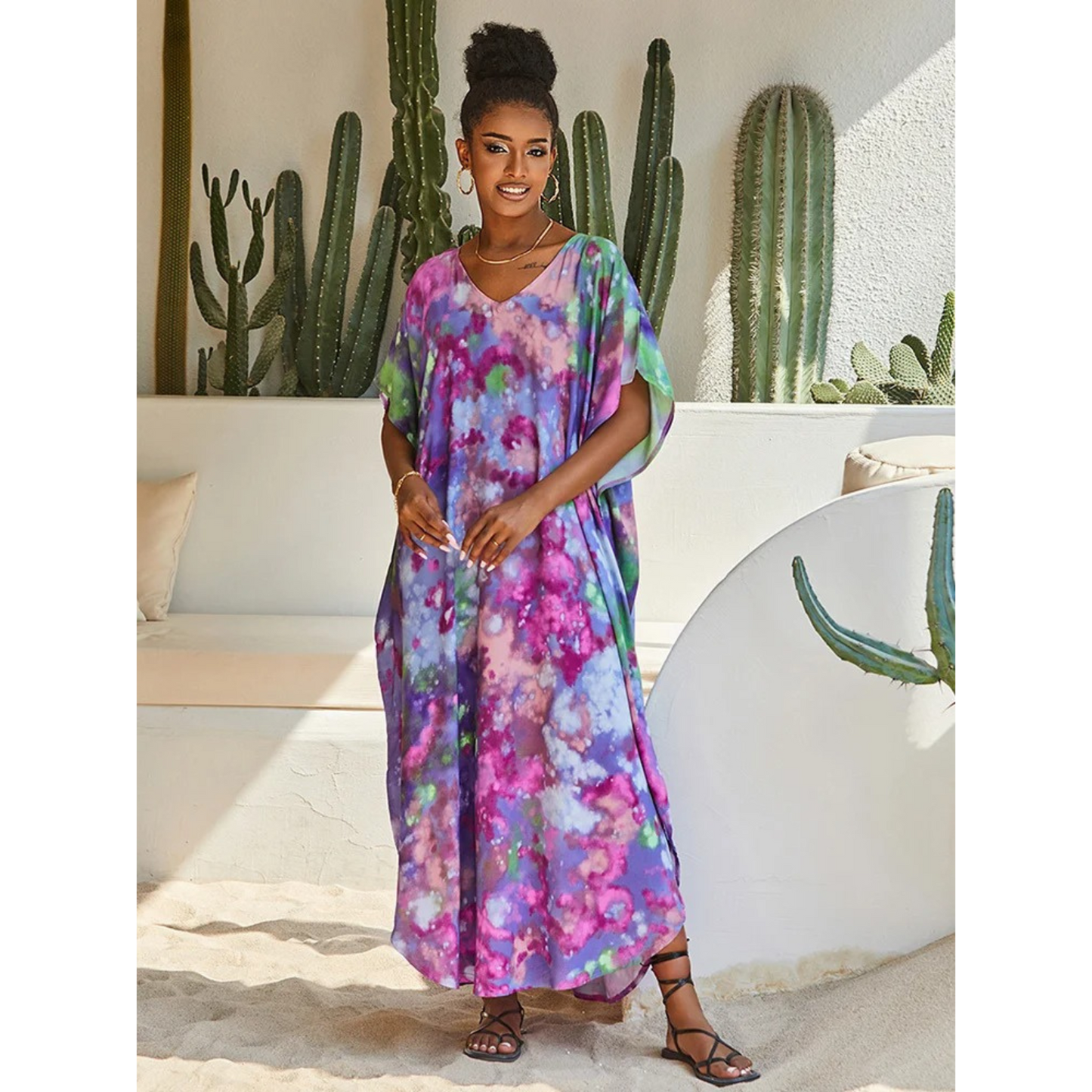 Women's Kaftan - Lightweight Flowy Design - V-Neck Loose Fit Beach Cover-Up