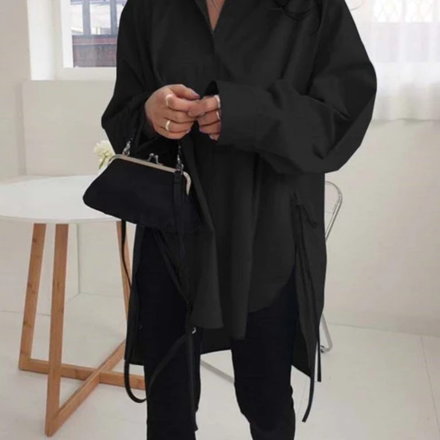 Women's Oversized Shirt - Cotton Blend - Button-Down - Long Sleeve - Asymmetrical Hem