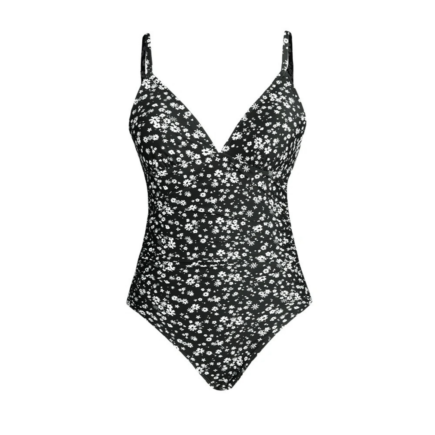 Women’s One-Piece Swimsuit – V-Neck – Floral Print – Ribbed Texture – Adjustable Straps