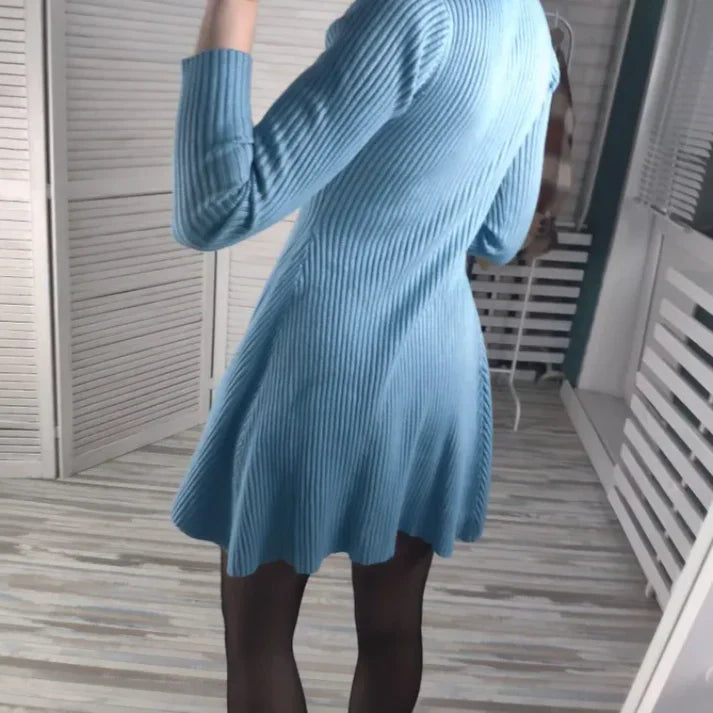 Women's Knitted Ribbed Mini Dress - Long Sleeve - Fitted A-Line Silhouette