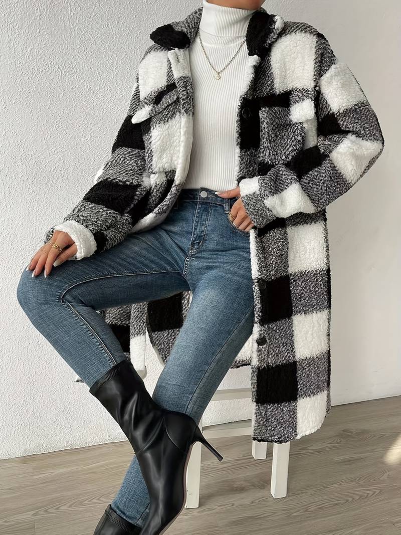 women's long checkered teddy jacket with buttons