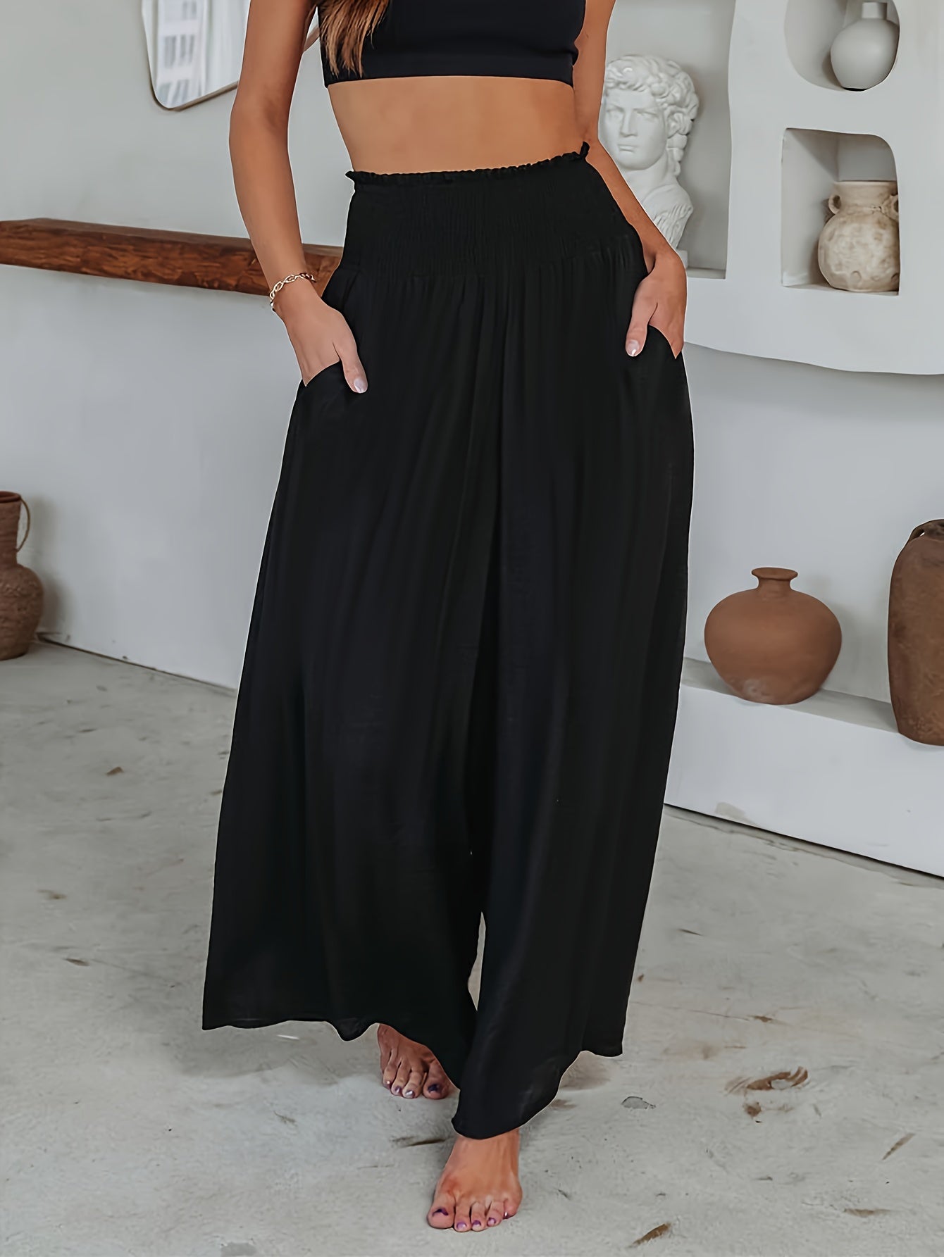 Flowy Smocked Waist Wide Leg Palazzo Pants