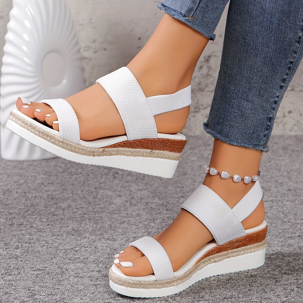 Women’s Wedge Sandals – Platform Sole – Elastic Ankle Strap – Espadrille Design