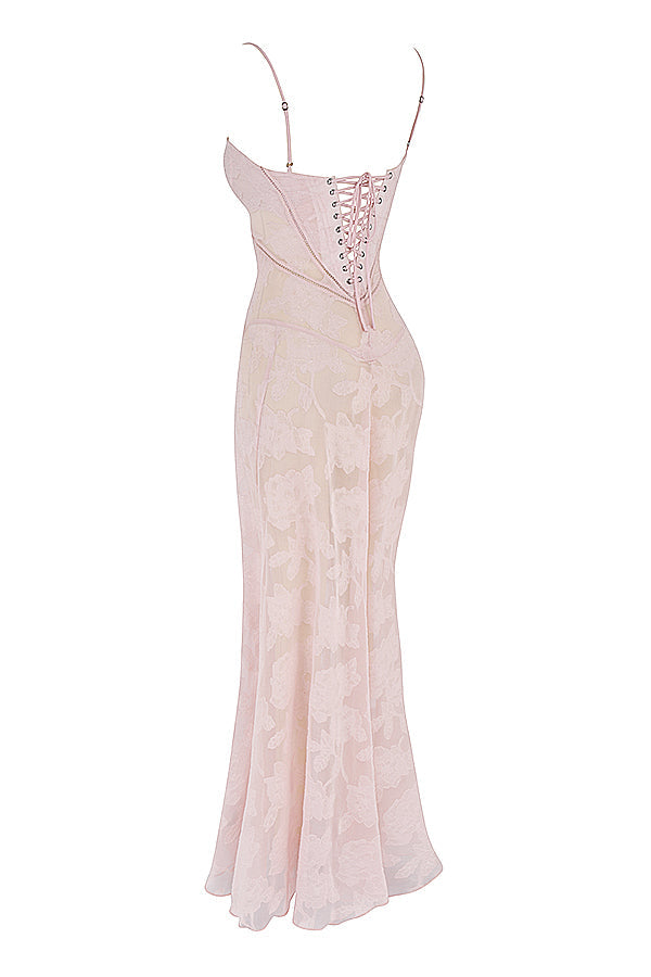 Women's Evening Gown - Floral Sheer Overlay - Spaghetti Straps - Sweetheart Neckline