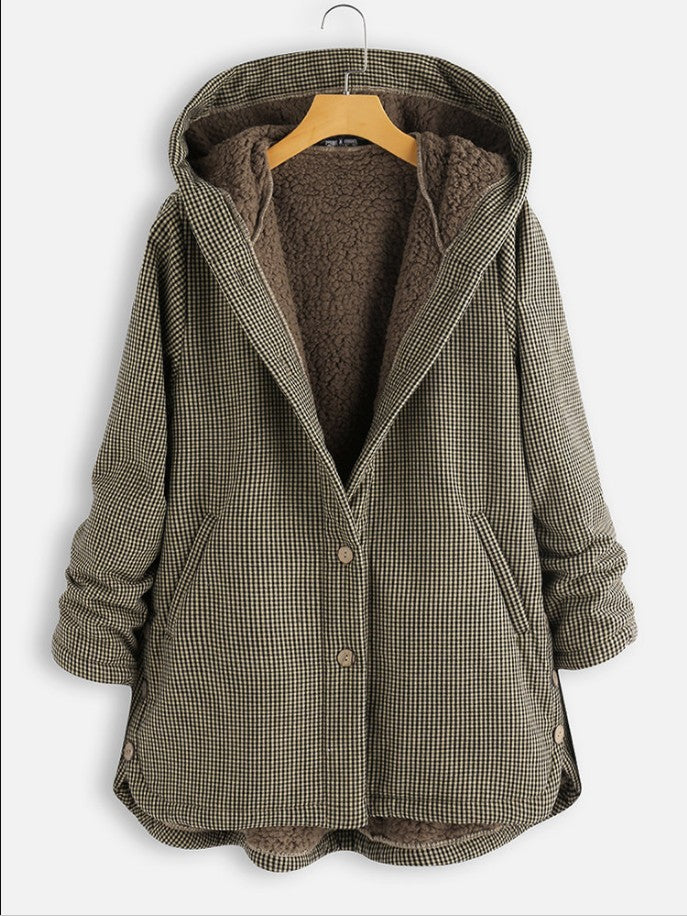 Women’s Hooded Coat - Sherpa Lined - Plaid Pattern - Button-Up - Relaxed Fit Casual Outerwear