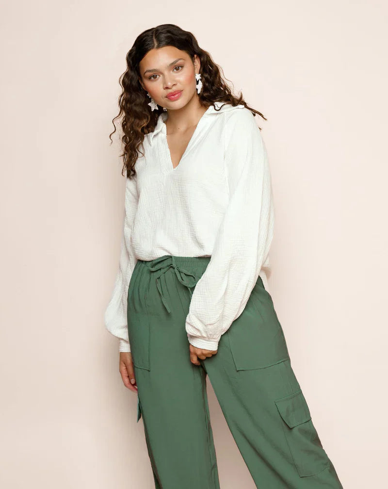 Relaxed Fit Long Sleeve V-Neck Blouse