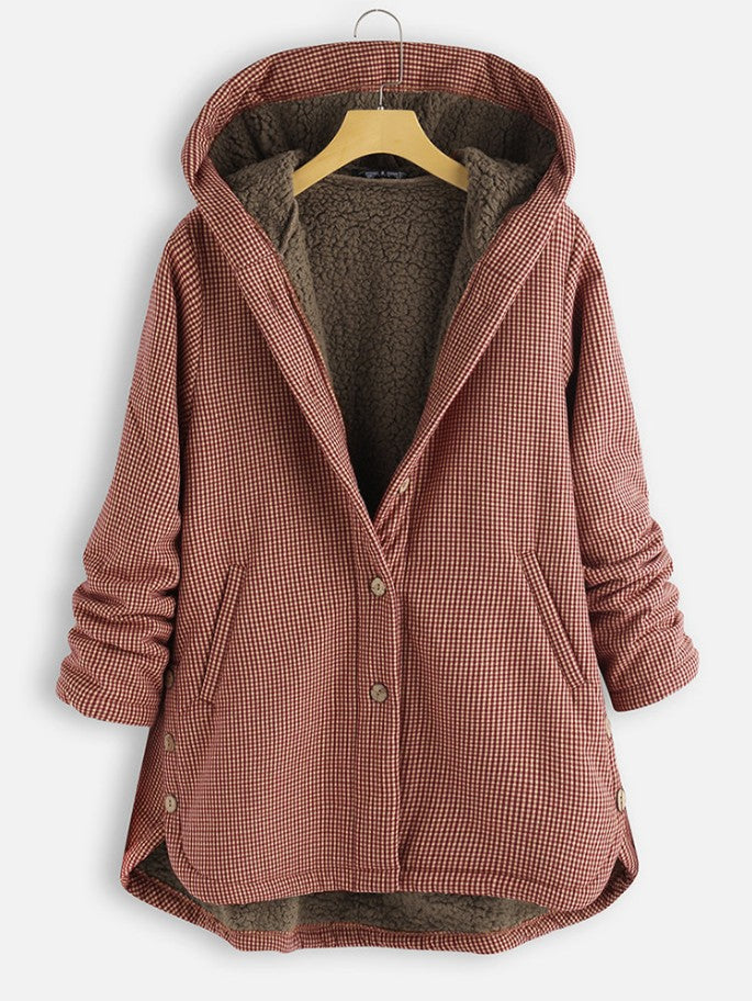Women’s Hooded Coat - Sherpa Lined - Plaid Pattern - Button-Up - Relaxed Fit Casual Outerwear