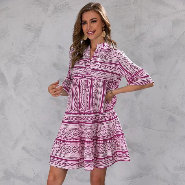 Women's Tunic Dress - Lightweight Fabric - Relaxed Fit - V-Neck & 3/4 Sleeves